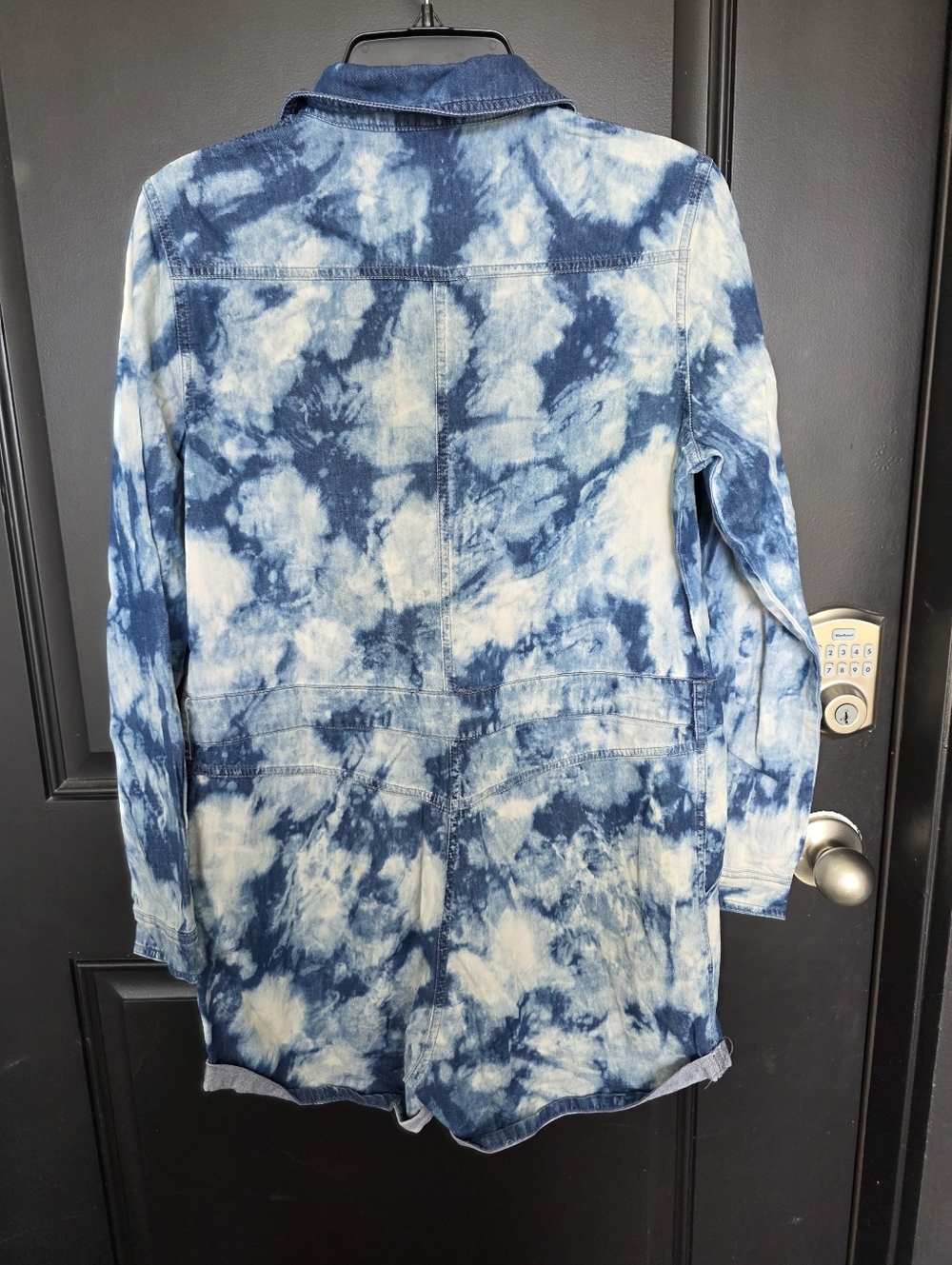Mebon Women Tie Dye Denim Romper Blue Button Up Sz L Utility Style Long Sleeve - Picture 9 of 11
